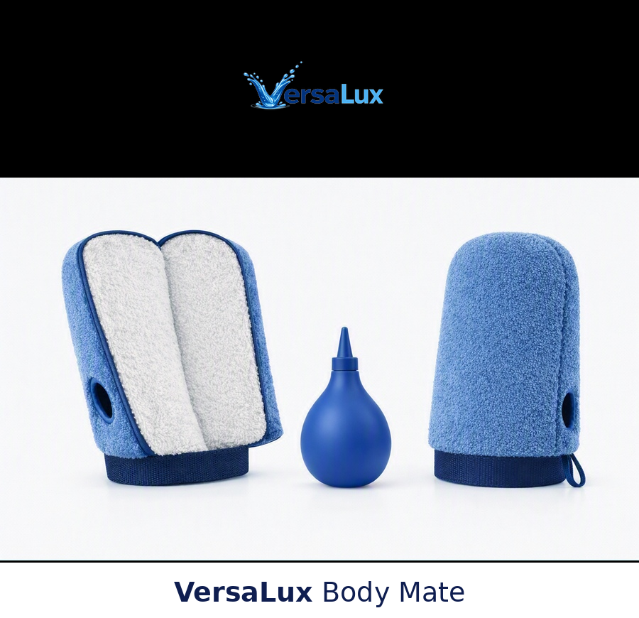 VersaLux — open mitt showing dual-layer construction and integrated soap dispenser